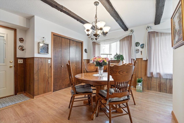 1900 State Highway 76, Anderson, MO 64831 - dining room with wood walls, a chandelier, a wainscoted wall, beamed ceiling, and light wood finished floors