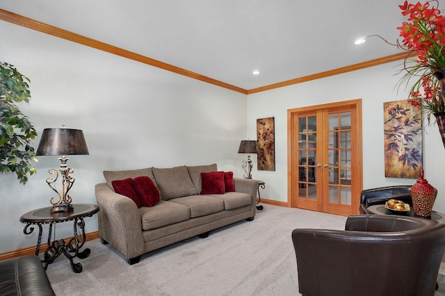2411 W Dearborn St, Springfield, MO 65807 - living room featuring french doors, carpet floors, ornamental molding, and recessed lighting