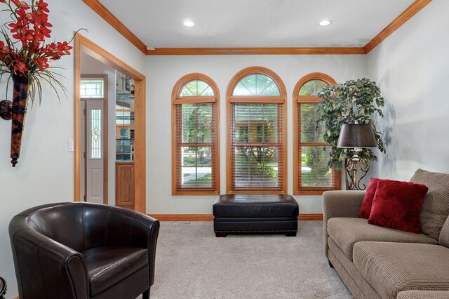 2411 W Dearborn St, Springfield, MO 65807 - carpeted living area featuring ornamental molding and recessed lighting