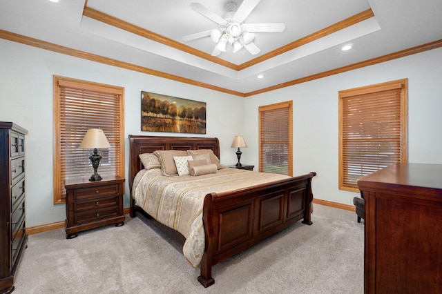 2411 W Dearborn St, Springfield, MO 65807 - bedroom with a tray ceiling, light carpet, ornamental molding, recessed lighting, and a ceiling fan