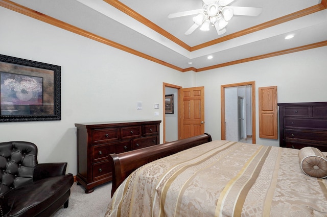 2411 W Dearborn St, Springfield, MO 65807 - bedroom with a raised ceiling, crown molding, light carpet, recessed lighting, and a ceiling fan