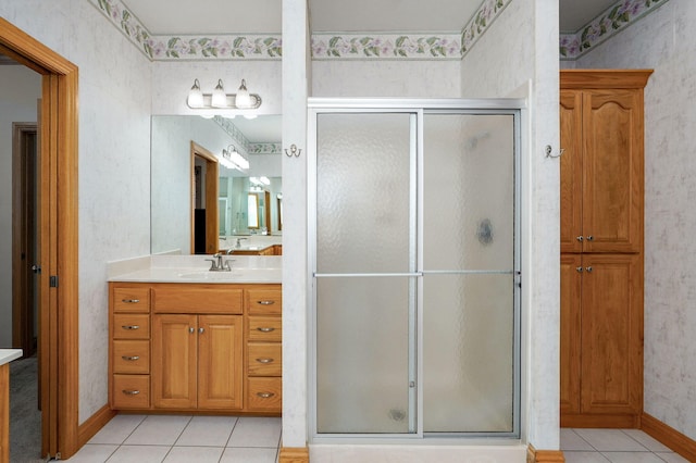 2411 W Dearborn St, Springfield, MO 65807 - full bathroom with tile patterned flooring, vanity, a shower stall, and wallpapered walls