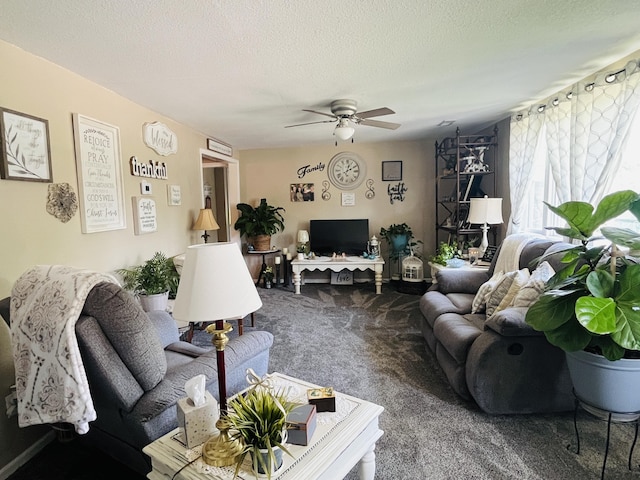 720 Highland St, Cabool, MO 65689 - living room featuring carpet flooring, ceiling fan, and a textured ceiling