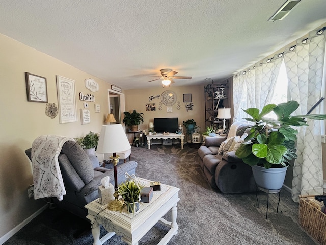 720 Highland St, Cabool, MO 65689 - living area featuring carpet, a textured ceiling, and ceiling fan