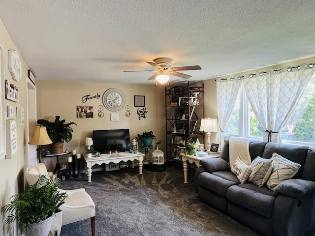 720 Highland St, Cabool, MO 65689 - living room with a ceiling fan, carpet, and a textured ceiling