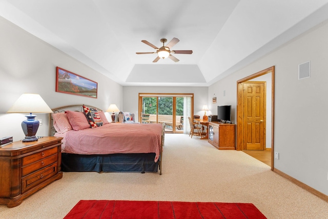 159 Oak Tree Point Ln, Shell Knob, MO 65747 - carpeted bedroom with a raised ceiling, access to outside, an office area, and a ceiling fan