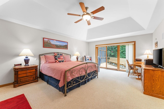 159 Oak Tree Point Ln, Shell Knob, MO 65747 - bedroom with a raised ceiling, carpet flooring, access to outside, and ceiling fan
