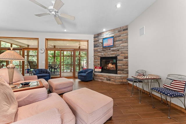 159 Oak Tree Point Ln, Shell Knob, MO 65747 - living area with plenty of natural light, ceiling fan, wood finish floors, a stone fireplace, and recessed lighting