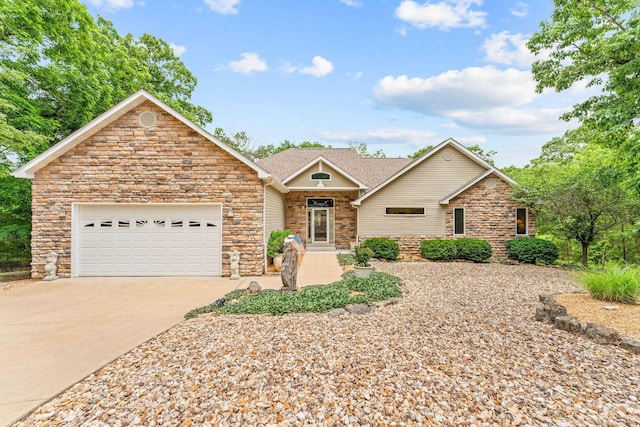 159 Oak Tree Point Ln, Shell Knob, MO 65747 - ranch-style house featuring stone siding, concrete driveway, and an attached garage