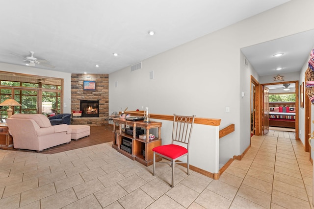 159 Oak Tree Point Ln, Shell Knob, MO 65747 - living area with a ceiling fan, light tile patterned floors, a stone fireplace, and recessed lighting