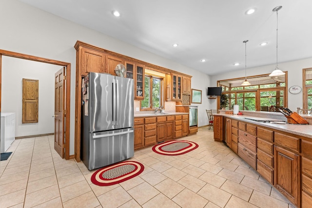 159 Oak Tree Point Ln, Shell Knob, MO 65747 - kitchen featuring freestanding refrigerator, a sink, brown cabinetry, and recessed lighting