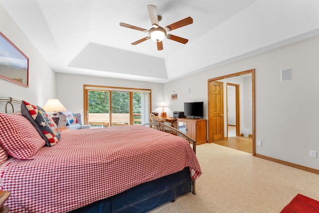 159 Oak Tree Point Ln, Shell Knob, MO 65747 - carpeted bedroom with a raised ceiling, access to outside, and ceiling fan