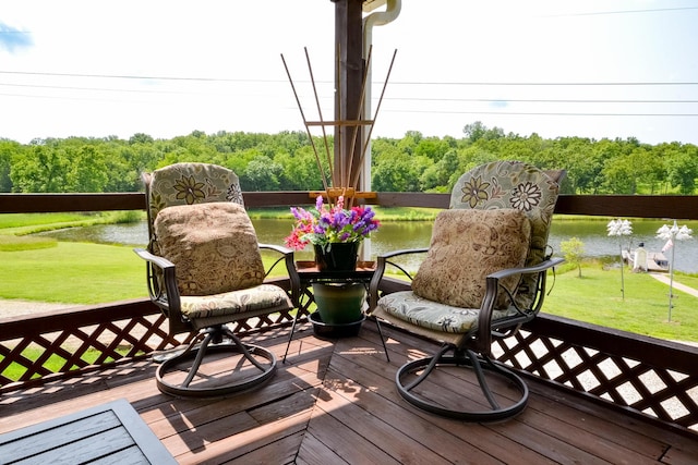 22920 Feaster Branch Rd, Warsaw, MO 65355 - wooden terrace featuring a yard, a water view, and a forest view