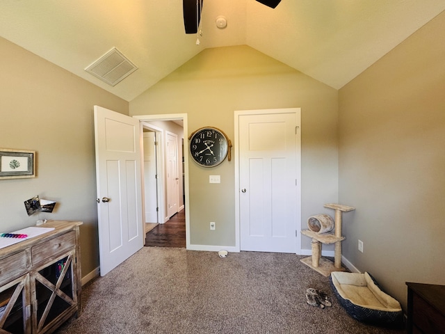 607 E Selby Dr, Nixa, MO 65714 - bedroom featuring vaulted ceiling, carpet, and ceiling fan
