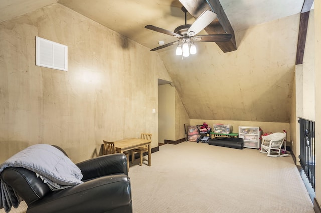 1029 Riverview Rd, Clever, MO 65631 - living area with lofted ceiling, carpet flooring, and ceiling fan