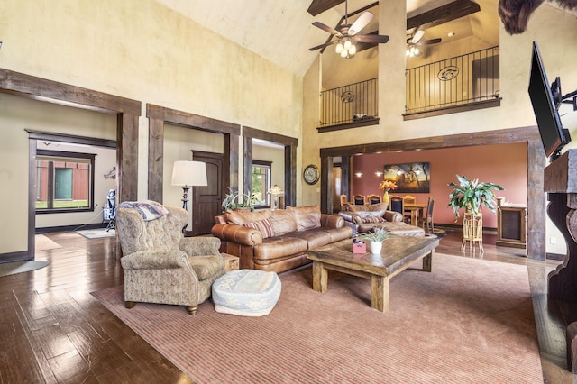 1029 Riverview Rd, Clever, MO 65631 - living area featuring high vaulted ceiling, a ceiling fan, and hardwood / wood-style floors