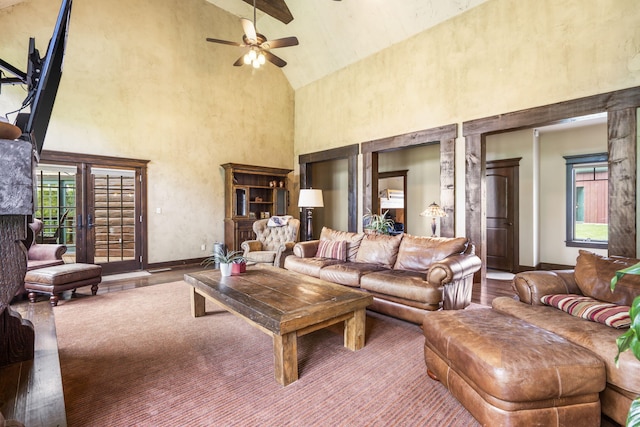 1029 Riverview Rd, Clever, MO 65631 - living room with high vaulted ceiling, wood finished floors, and ceiling fan