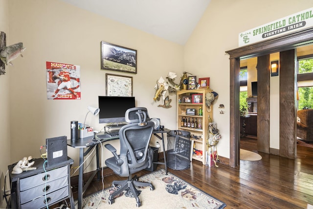 1029 Riverview Rd, Clever, MO 65631 - office area with vaulted ceiling and hardwood / wood-style flooring