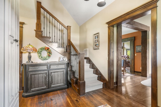 1029 Riverview Rd, Clever, MO 65631 - entryway with dark wood-style floors, lofted ceiling, and stairs