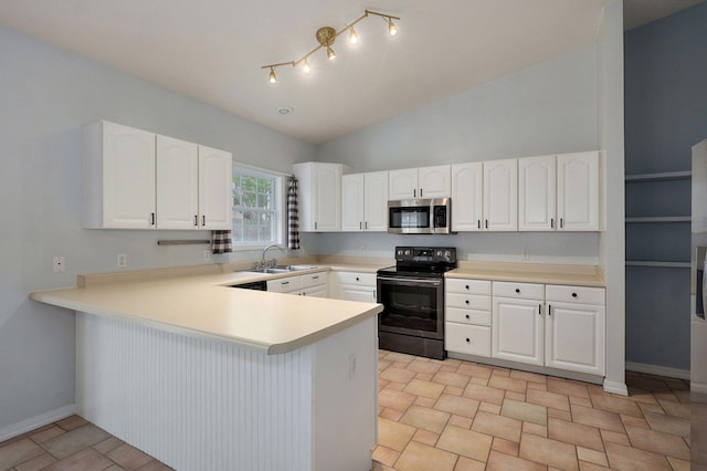 713 River Rock Ct, Nixa, MO 65714 - kitchen featuring black / electric stove, stainless steel microwave, white cabinets, a peninsula, and lofted ceiling