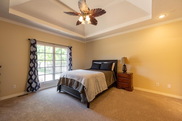 4910 S Stanton Ave, Springfield, MO 65810 - bedroom with a raised ceiling, carpet floors, ornamental molding, a ceiling fan, and recessed lighting
