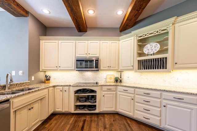 4910 S Stanton Ave, Springfield, MO 65810 - kitchen with stainless steel appliances, beam ceiling, dark wood finished floors, backsplash, and open shelves