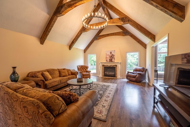 4910 S Stanton Ave, Springfield, MO 65810 - living area featuring a fireplace, beamed ceiling, high vaulted ceiling, and dark wood-style flooring
