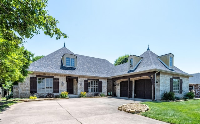 4910 S Stanton Ave, Springfield, MO 65810 - french country home with roof with shingles, a garage, concrete driveway, a front yard, and stone siding