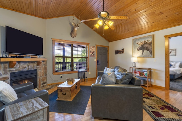76 Bells Ave Unit 98, Branson West, MO 65737 - living area featuring wood ceiling, ceiling fan, hardwood / wood-style flooring, a fireplace, and lofted ceiling