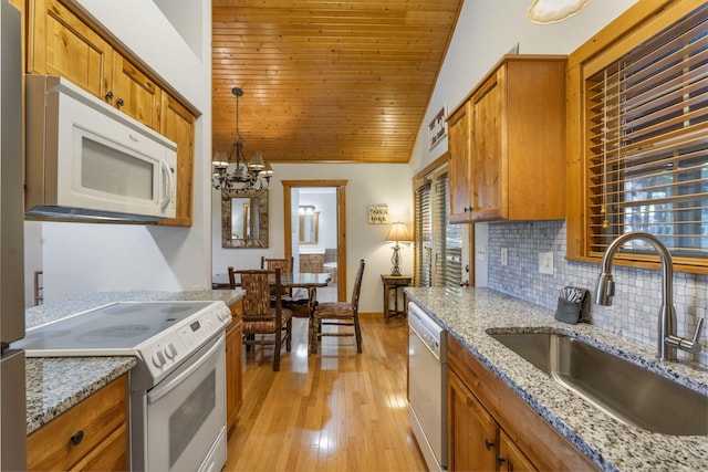 76 Bells Ave Unit 98, Branson West, MO 65737 - kitchen with white appliances, lofted ceiling, wooden ceiling, brown cabinetry, and a chandelier