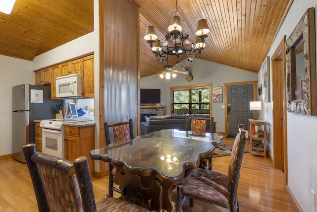 76 Bells Ave Unit 98, Branson West, MO 65737 - dining area with wooden ceiling, vaulted ceiling, a chandelier, ceiling fan, and light wood-style floors