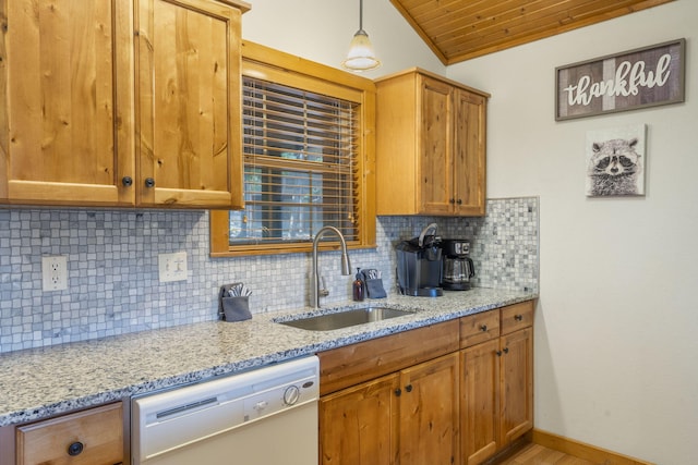 76 Bells Ave Unit 98, Branson West, MO 65737 - kitchen featuring white dishwasher, decorative backsplash, light stone counters, wood ceiling, and brown cabinetry