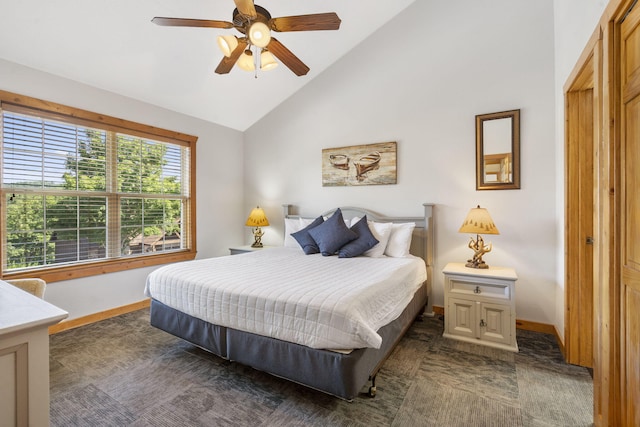 76 Bells Ave Unit 98, Branson West, MO 65737 - bedroom with dark colored carpet, high vaulted ceiling, and ceiling fan