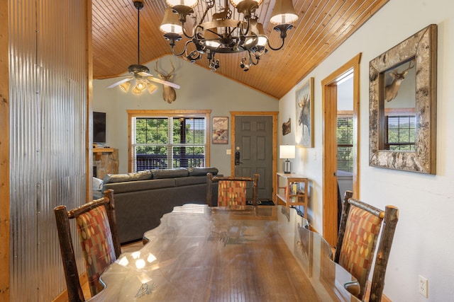 76 Bells Ave Unit 98, Branson West, MO 65737 - dining area featuring wood ceiling, a chandelier, ceiling fan, and lofted ceiling