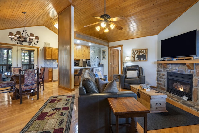 76 Bells Ave Unit 98, Branson West, MO 65737 - living room featuring wooden ceiling, lofted ceiling, a chandelier, light wood finished floors, and ceiling fan