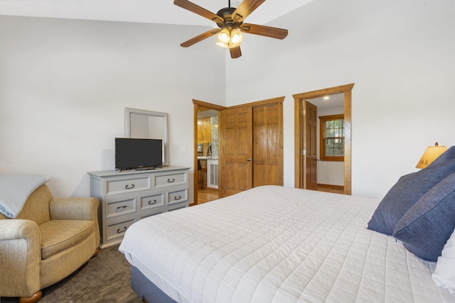 76 Bells Ave Unit 98, Branson West, MO 65737 - bedroom featuring a towering ceiling, ceiling fan, and a closet