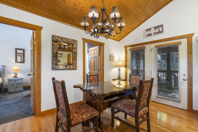 76 Bells Ave Unit 98, Branson West, MO 65737 - dining area featuring vaulted ceiling, a chandelier, wood ceiling, and wood-type flooring