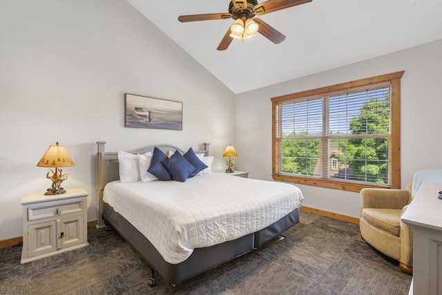 76 Bells Ave Unit 98, Branson West, MO 65737 - bedroom featuring vaulted ceiling, dark colored carpet, and ceiling fan