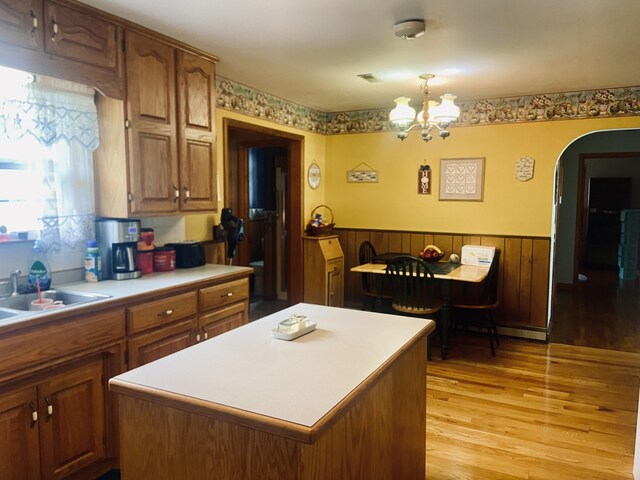 513 Meng St, Greenfield, MO 65661 - kitchen with wainscoting, light countertops, a chandelier, light wood finished floors, and arched walkways