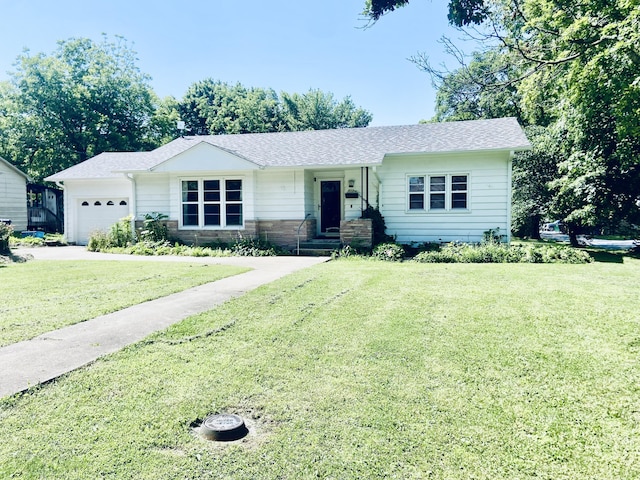 513 Meng St, Greenfield, MO 65661 - ranch-style home with a garage, a front lawn, and a shingled roof