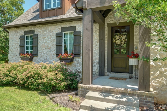 7607 N Angler Ln, Strafford, MO 65757 - doorway to property with stone siding and a shingled roof