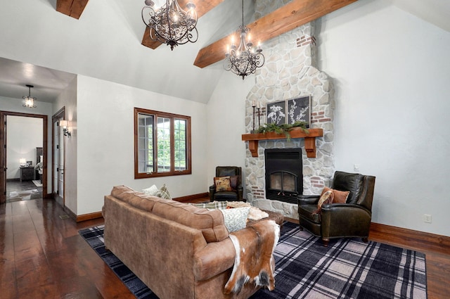 7607 N Angler Ln, Strafford, MO 65757 - living area featuring a chandelier, wood-type flooring, a stone fireplace, beamed ceiling, and high vaulted ceiling
