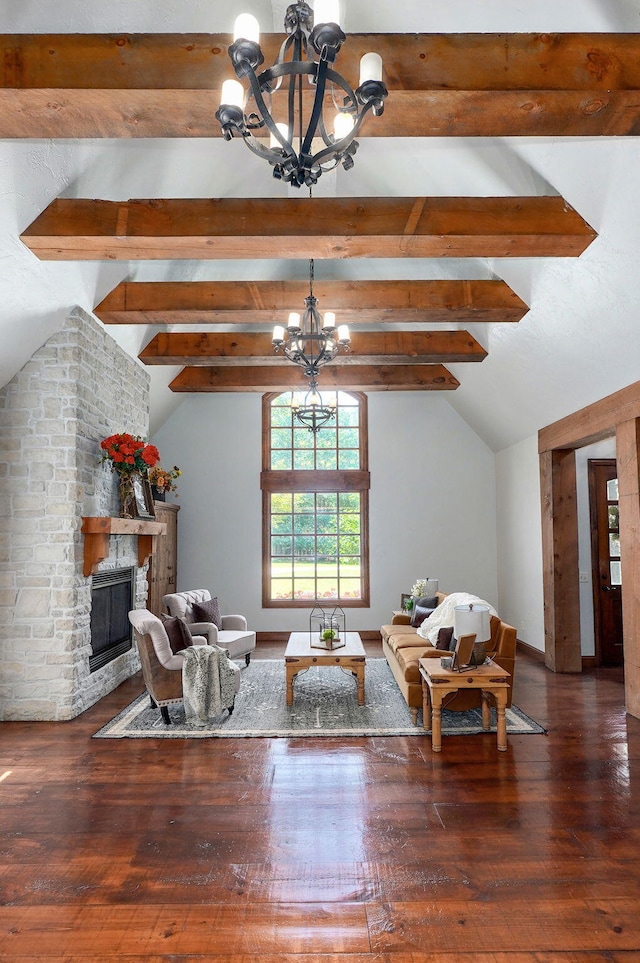 7607 N Angler Ln, Strafford, MO 65757 - living area with a chandelier, a fireplace, and hardwood / wood-style floors