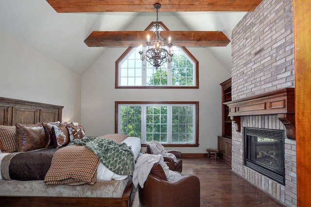 7607 N Angler Ln, Strafford, MO 65757 - bedroom featuring multiple windows, dark wood finished floors, a fireplace, a chandelier, and beamed ceiling