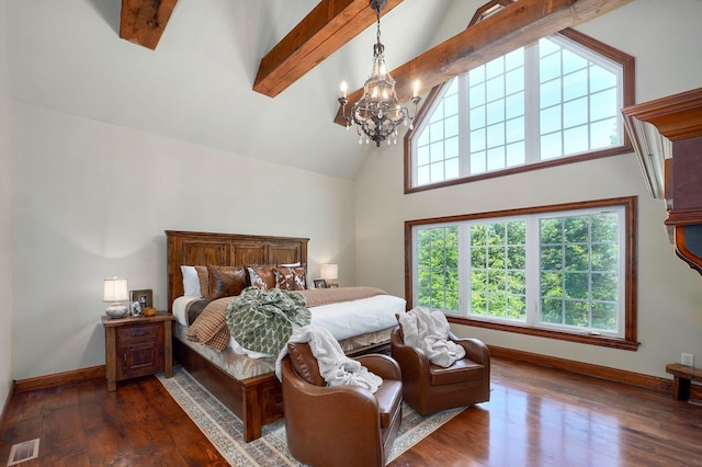 7607 N Angler Ln, Strafford, MO 65757 - bedroom featuring high vaulted ceiling, a chandelier, wood finished floors, and beam ceiling