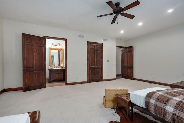 7607 N Angler Ln, Strafford, MO 65757 - bedroom featuring light colored carpet, recessed lighting, ensuite bathroom, and ceiling fan