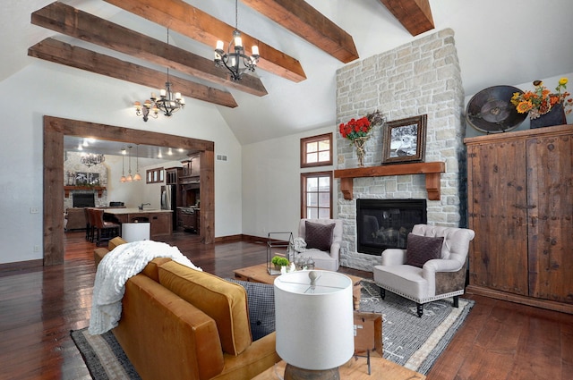 7607 N Angler Ln, Strafford, MO 65757 - living area with a stone fireplace, a chandelier, hardwood / wood-style flooring, beamed ceiling, and high vaulted ceiling