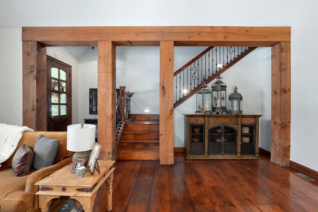 7607 N Angler Ln, Strafford, MO 65757 - living area with stairs, hardwood / wood-style floors, and a fireplace
