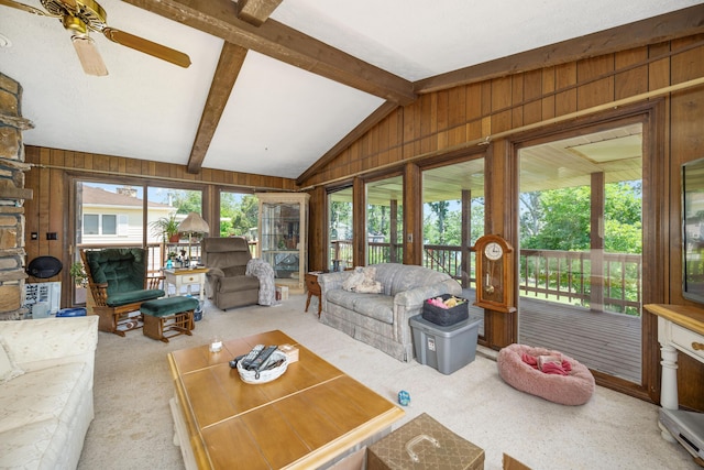 26307 Twin Rivers Dr, Shell Knob, MO 65747 - carpeted living area with wood walls and ceiling fan