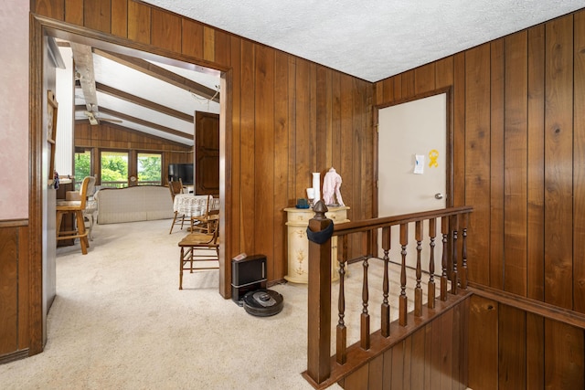 26307 Twin Rivers Dr, Shell Knob, MO 65747 - staircase featuring wooden walls, carpet, and a textured ceiling